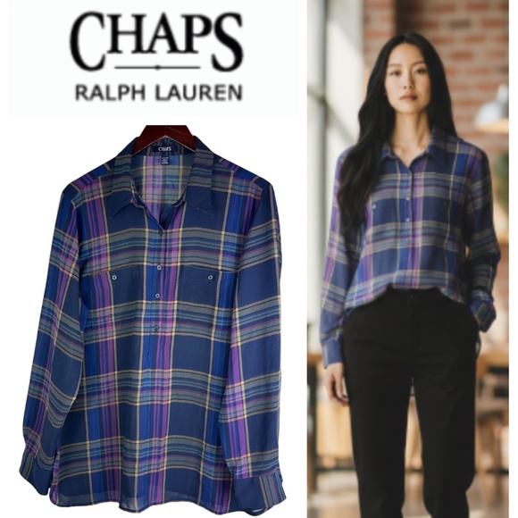 Chaps Ralph Lauren Top Tunic Shirt Button Down XL 14 16 Tartan Plaid Sheer Blue - Picture 1 of 5